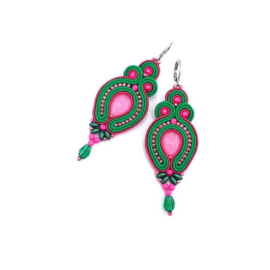 kolczyki soutache Verra kolczyki sutasz różowo zielone lekkie wiosnne z kryształkami