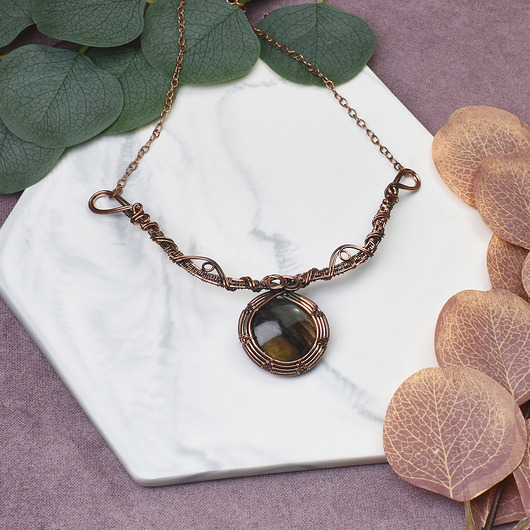 kolie Miedziany naszyjnik wire wrapping z labradorytem #487