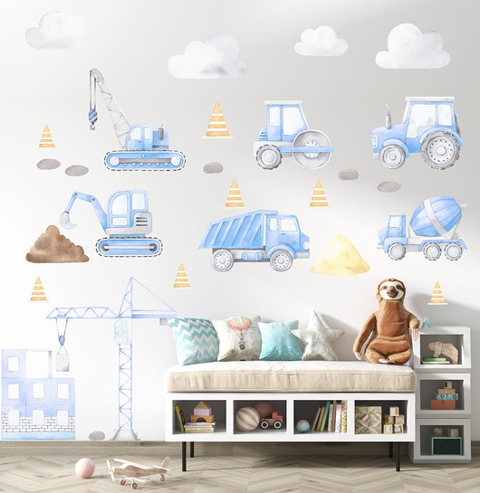 naklejki ścienne do pokoju dziecka Plac budowy II niebieski - Naklejka na ścianę dla dzieci
