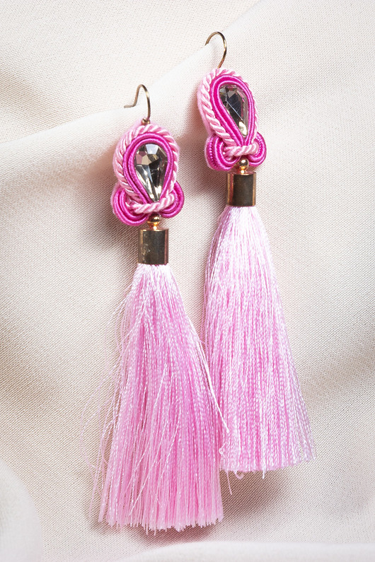 kolczyki soutache Różowe kolczyki z białą cyrkonią