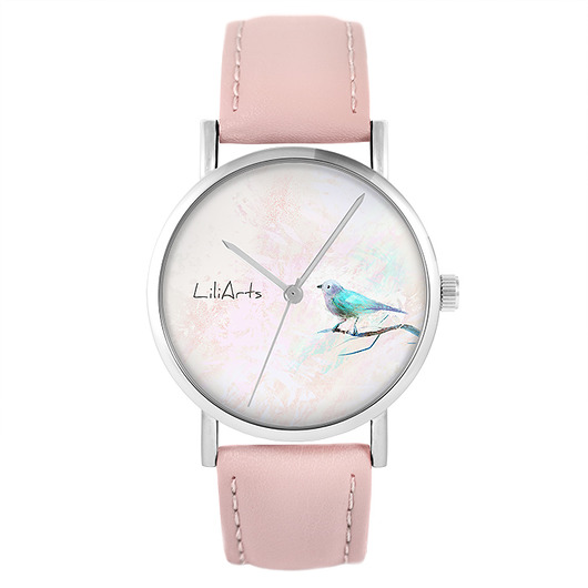 zegarki damskie Zegarek - Ptaszek turkus - skóra, pudrowy róż