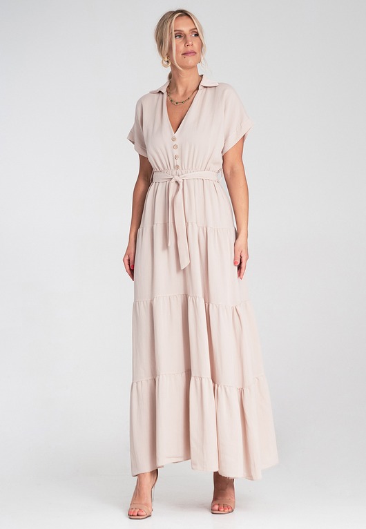 sukienki maxi damskie Długa sukienka maxi oversize z dekoltem w serek i krótkim rękawem - M1195