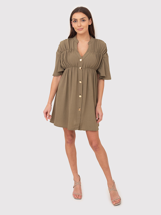 sukienki midi damskie Sukienka khaki z dekoltem w serek zapinana na guziki DA1757 KHAKI