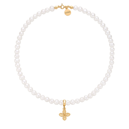 złote naszyjniki Złoty naszyjnik z pereł naturalnych z kwiatkiem