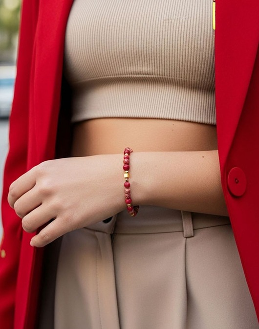 bransoletki na sznurku Czerwona Bransoletka Jaspis Cesarski & Złoty Hematyt Kostka CRIMSON SHIELD