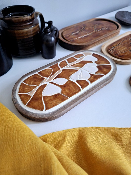 Ozdoby na ścianę Ceramiczna podstawka mozaika w drewnie