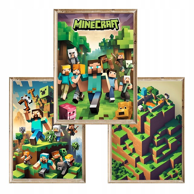 obrazy i plakaty do pokoju dziecięcego Zestaw 3 plakatów Minecraft A3