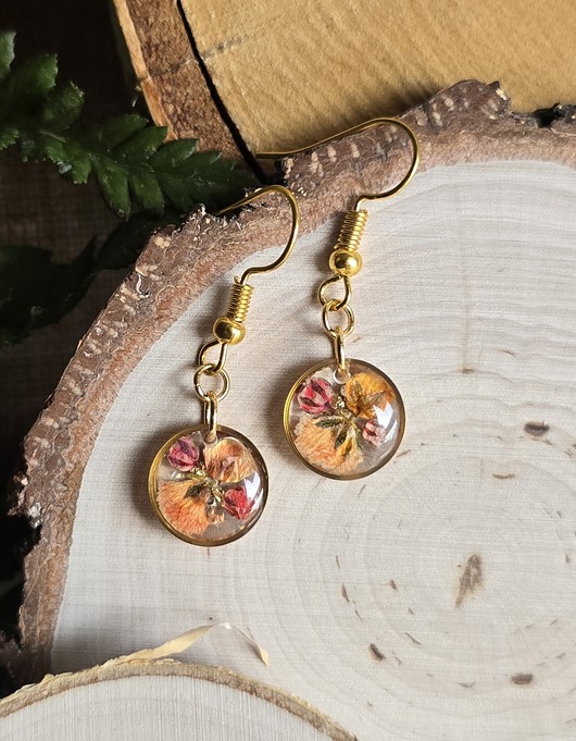 kolczyki z żywicy Kolczyki złote prawdziwe kwiaty pomarańczowe