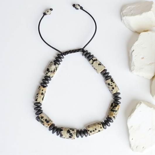 biżuteria męska S-L : jaspis dalmatyński, hematyt - ochronna, antystresowa bransoletka