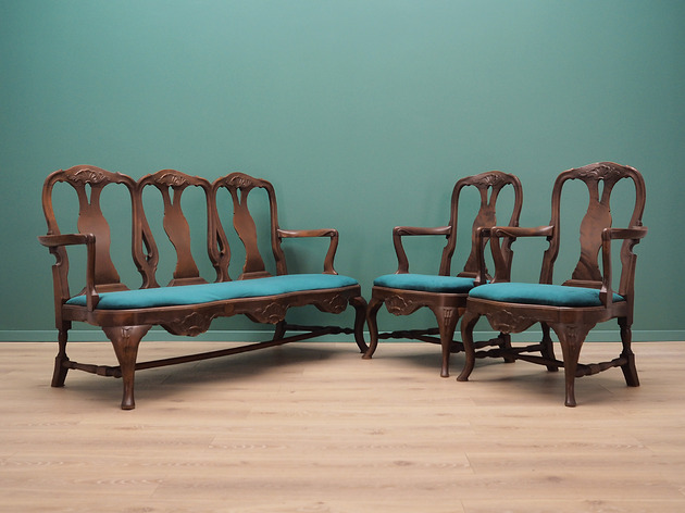 sofy i szezlongi Komplet do salonu, duński design, lata 70, styl: Chippendale