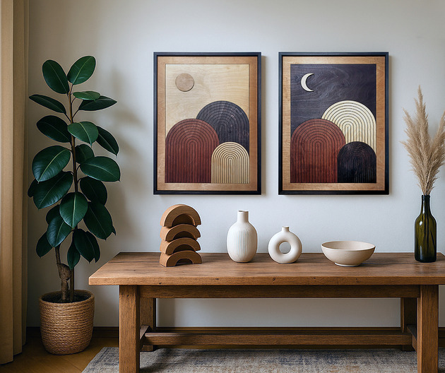 obrazy Drewniany dyptyk w stylu boho i midcentury. Słońce i księżyc. Dzień i noc.