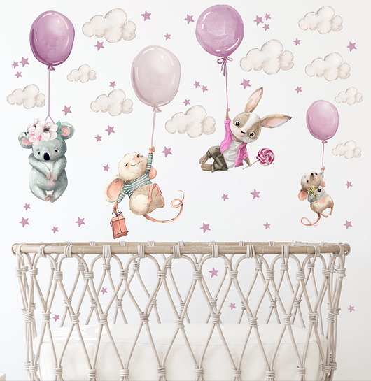 naklejki ścienne do pokoju dziecka KRÓLICZEK, MYSZKI, KOALA RÓŻOWE BALONY DK106 -  NAKLEJKA NA  ŚCIANĘ