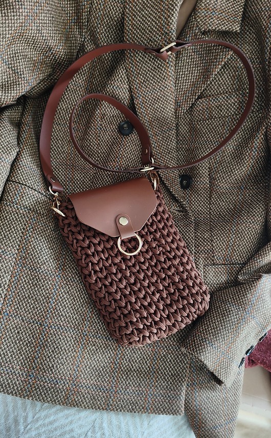 torebki mini Mini Bag Craftbags - czekoladowa z koniakową klapką