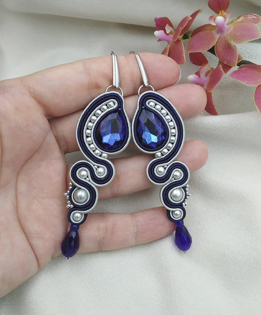 kolczyki soutache Długie kolczyki sutasz na wesele, srebrne kolczyki sutasz