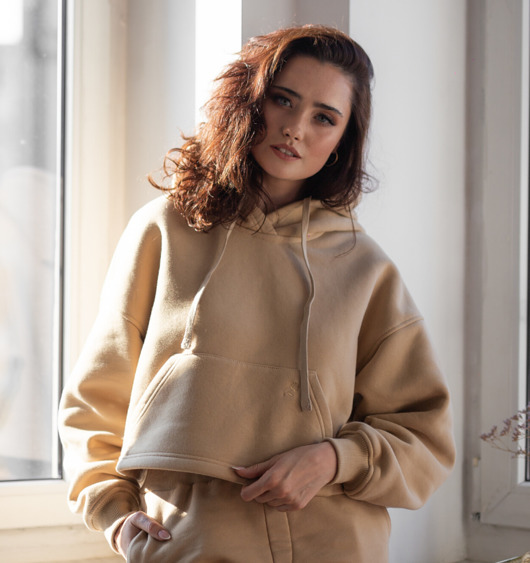 bluza z kapturem damska Camelowa bluza bawełniana krótka