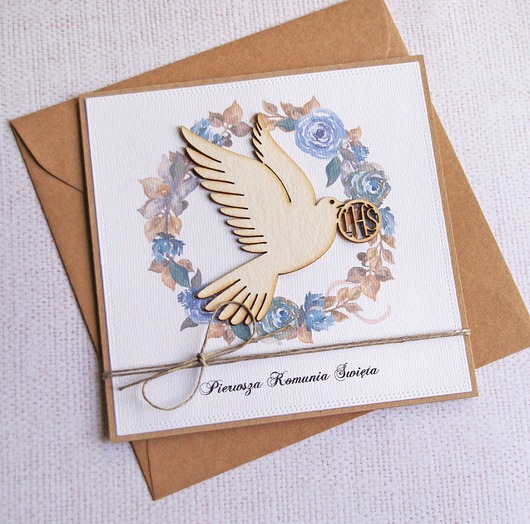 kartki na komunię Kartka z życzeniami : I Komunia Święta : gołąb : błękit