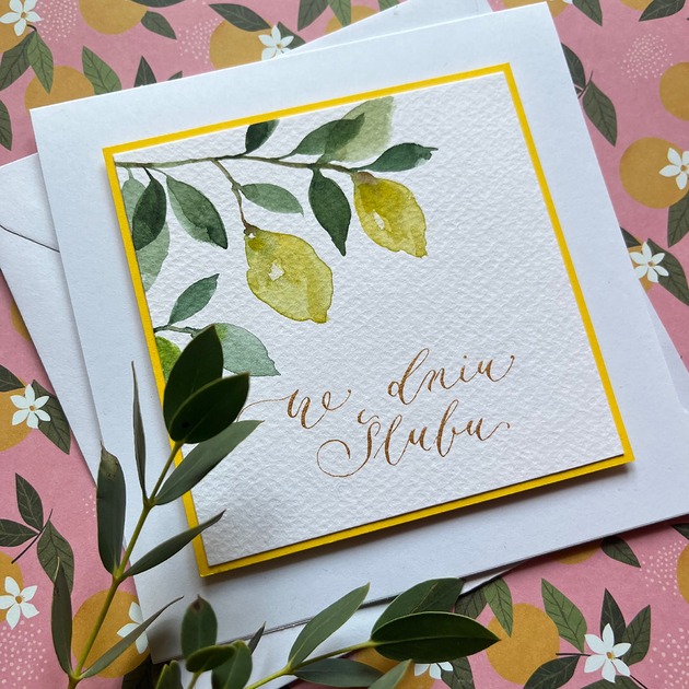 kartki scrapbooking Kartka ślubna ręcznie malowana i kaligrafowana z cytrynami