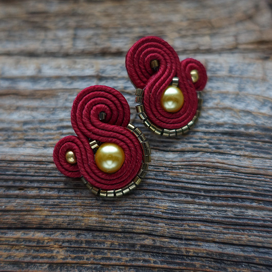 kolczyki soutache Bordowo- złote  kolczyki soutache