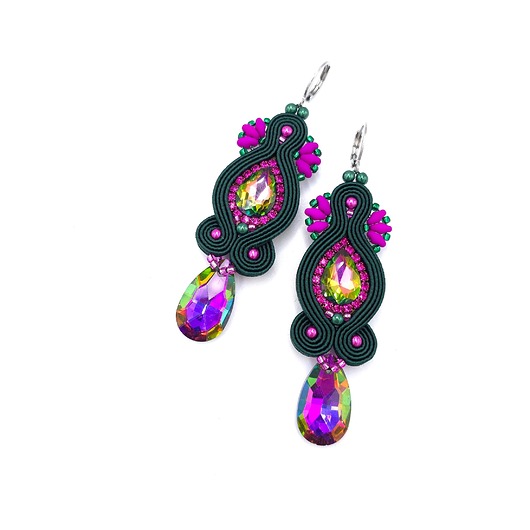 kolczyki soutache Kolczyki sutasz zielone różowe wieczorowe z kryształkami Sofia