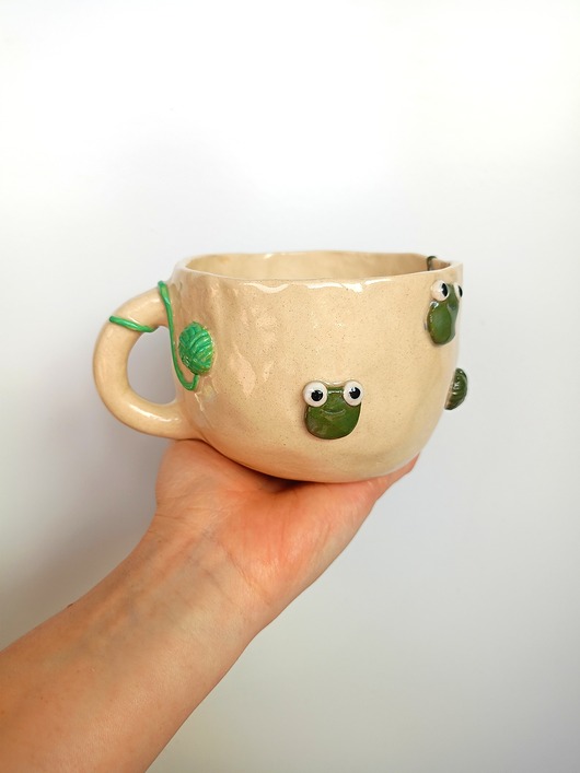 kubki Ceramiczny ręcznie robiony kubek w motki i żabki