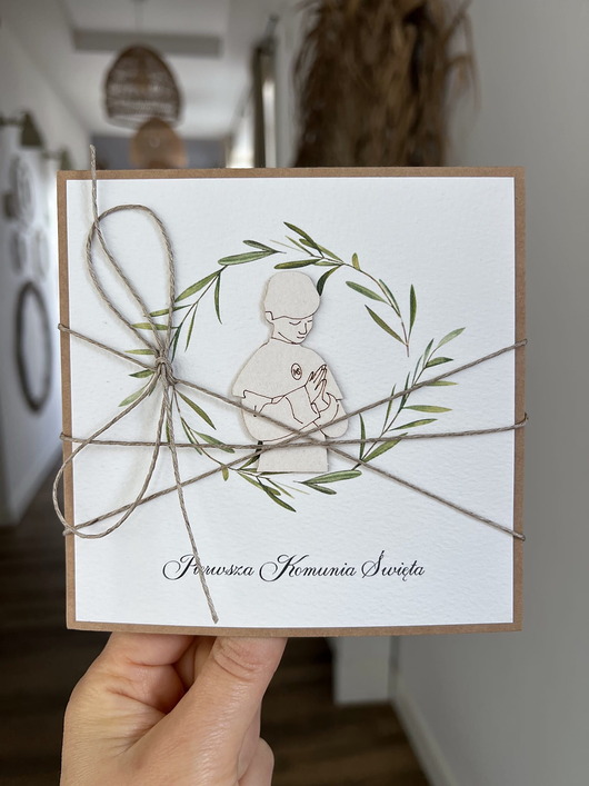 kartki na komunię Ręcznie robiona kartka na komunię z życzeniami - chłopiec