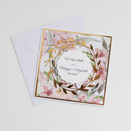 zaproszenia i kartki na ślub Złocona kartka ślubna personalizowana z imionami