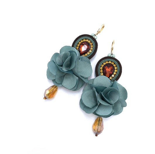 kolczyki soutache Kolczyki sutasz brązowo zielone z kwiatami Bloom