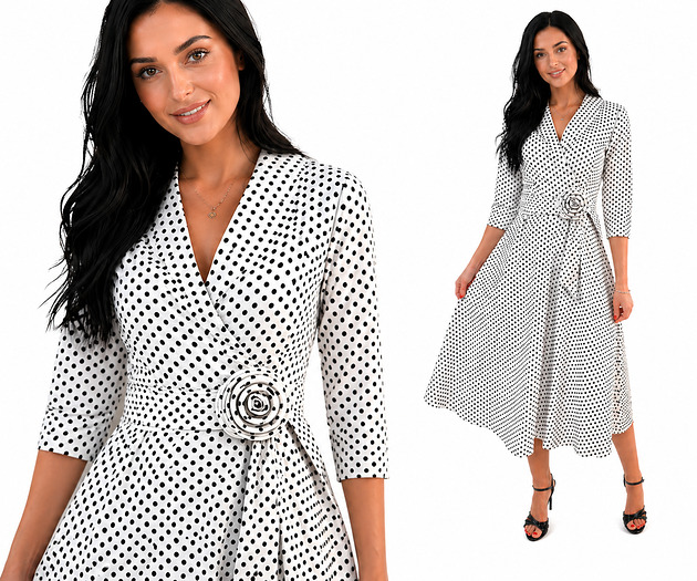 sukienki midi damskie Elegancka sukienka midi w groszki kopertowa kołnierz