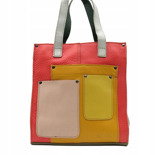 torby na ramię Torebka damska shopper, pojemna, skórzana ze skrawków kolorowa OLIVKA