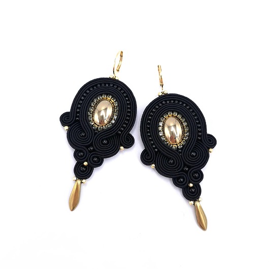 kolczyki soutache Marie czarno złote eleganckie wieczorowe kolczyki sutasz z hematytem