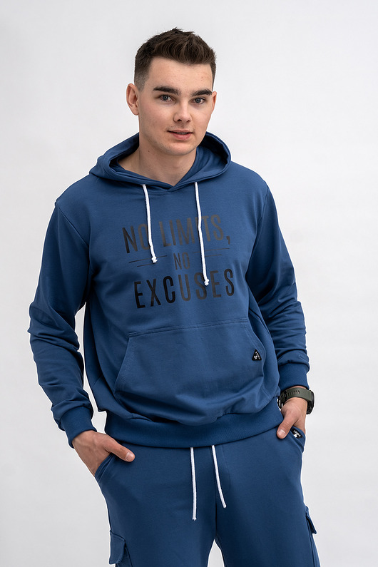 bluzy męskie Bluza męska  z kapturem  ,,No Limits No Excuses" denim