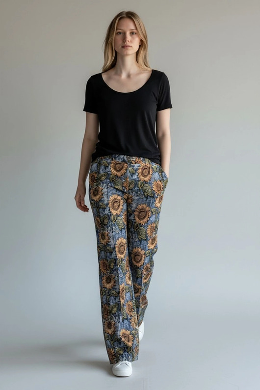 spodnie dresowe damskie Spodnie szerokie wide leg boho słoneczniki rozmiar M