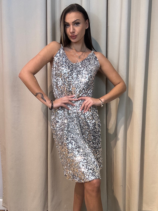 sukienki midi damskie Cekinowa sukienka na ramiączka Argento