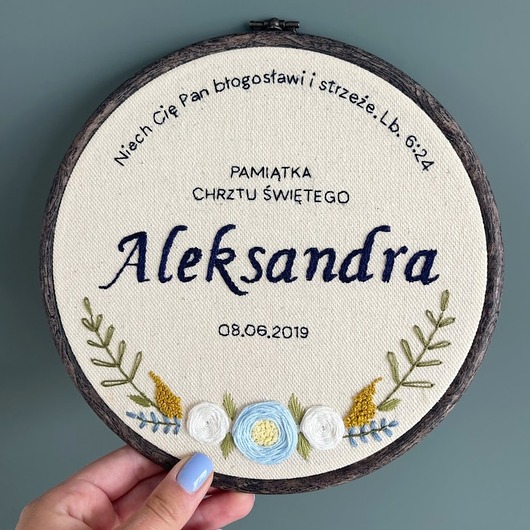 Chrzest - inne Tamborek haftowany, metryczka, pamiątka Chrztu Świętego