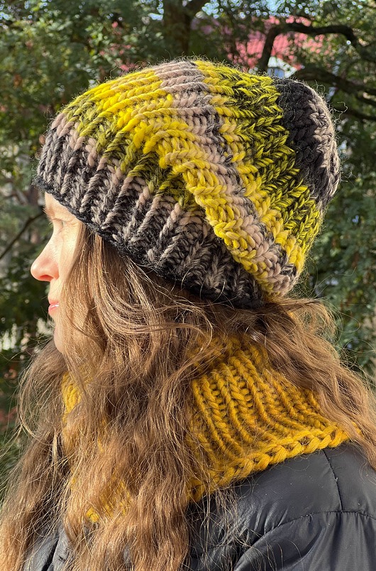 czapki damskie Czapka z merynosa 100% żółto czarny mix