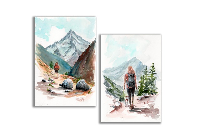 grafiki i ilustracje Akwarela ręcznie malowana  "W górach" zestaw 2szt