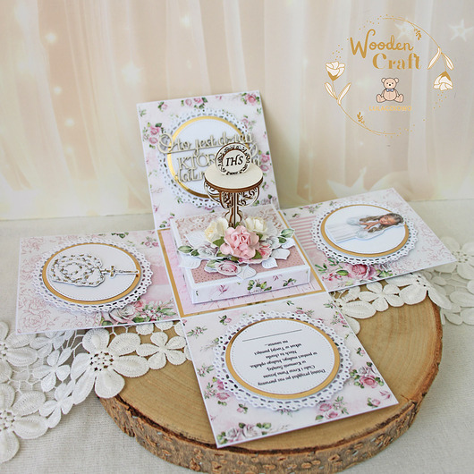 kartki na komunię Exploding box komunijny, kartka na komunię "Pink Roses 3" GOTOWY