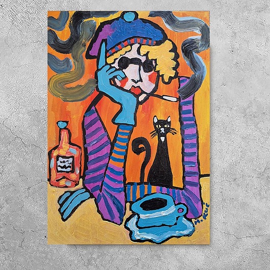 obrazy Obraz do salonu portret babci czarny kot zna odpowiedź