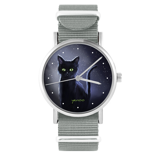 zegarki damskie Zegarek - Czarny kot, noc - szary, nylonowy