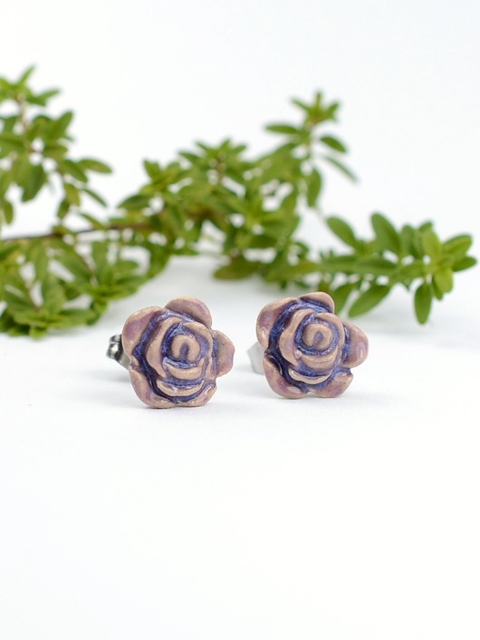 kolczyki ceramiczne Ceramiczne róże fiioletowe- kolczyki sztyfty 3d
