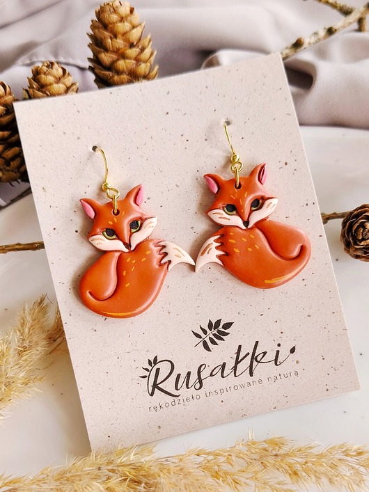kolczyki z masy plastycznej Kolczyki liski, rude lisy, duże lekkie kolczyki z wizerunkiem liska, boho