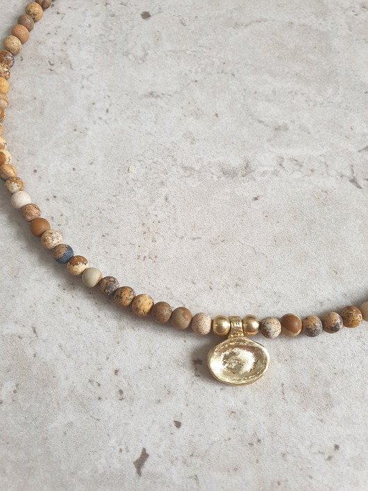 chokery Naszyjnik ZEN jaspis obrazkowy, zawieszka mosiądz