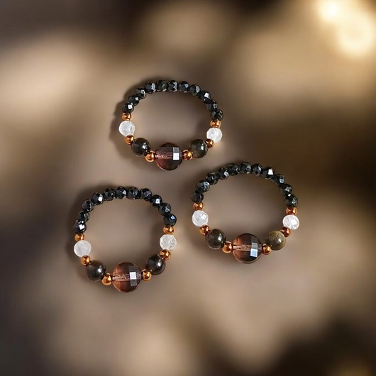 pierścionki elastyczne OCHRONA : pierścionek - turmalin, obsydian, kwarc dymny, kryształ górski