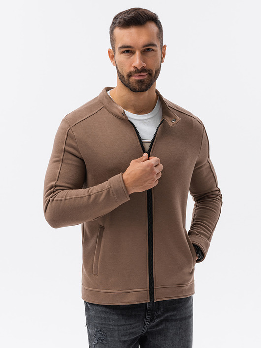 bluzy męskie Bluza męska rozpinana bez kaptura - brązowa V6 B1071