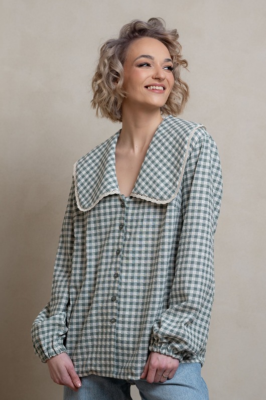 koszule damskie  Bawełniana koszula z dużym kołnierzem w strukturalną kratkę, GREEN JULIA