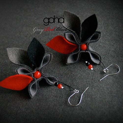 Grey Red Black -Biżuteria Autorska FlowerFelt Design