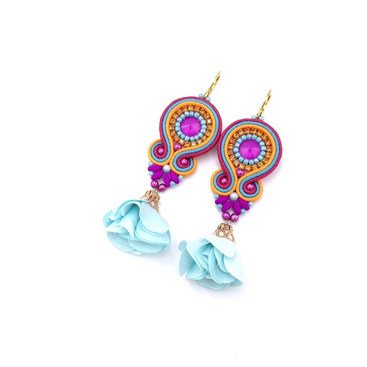 kolczyki soutache Kolczyki sutasz kolorowe turkus pomarańcz róż wiosenne Cleo z kwiatkiem
