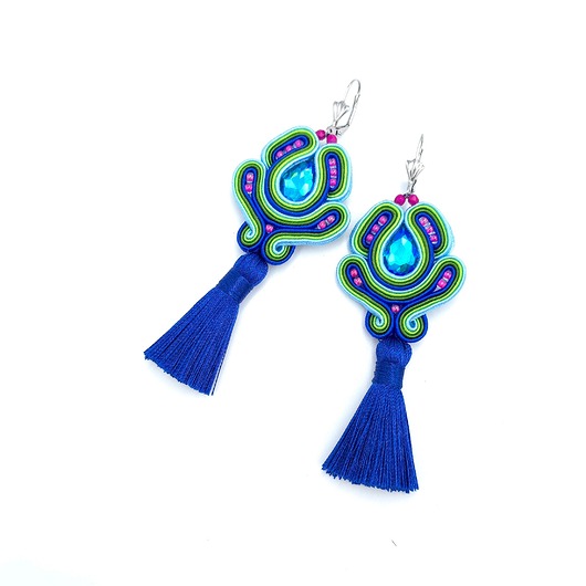 kolczyki soutache Kolczyki sutasz z chwostami kolorowe chabrowe długie na wiosnę Caro
