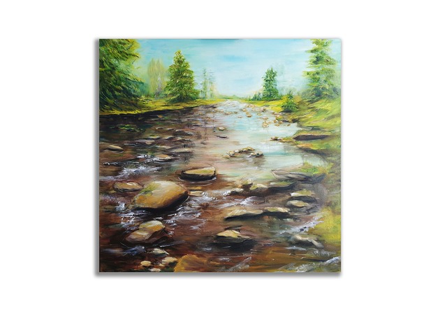 obrazy Obraz olejny ręcznie malowany 80x80 "Izerka" góry pejzaż