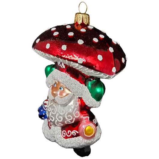 bombki Ręcznie malowana szklana bombka czerwony Mikołaj z grzybowym kapeluszem
